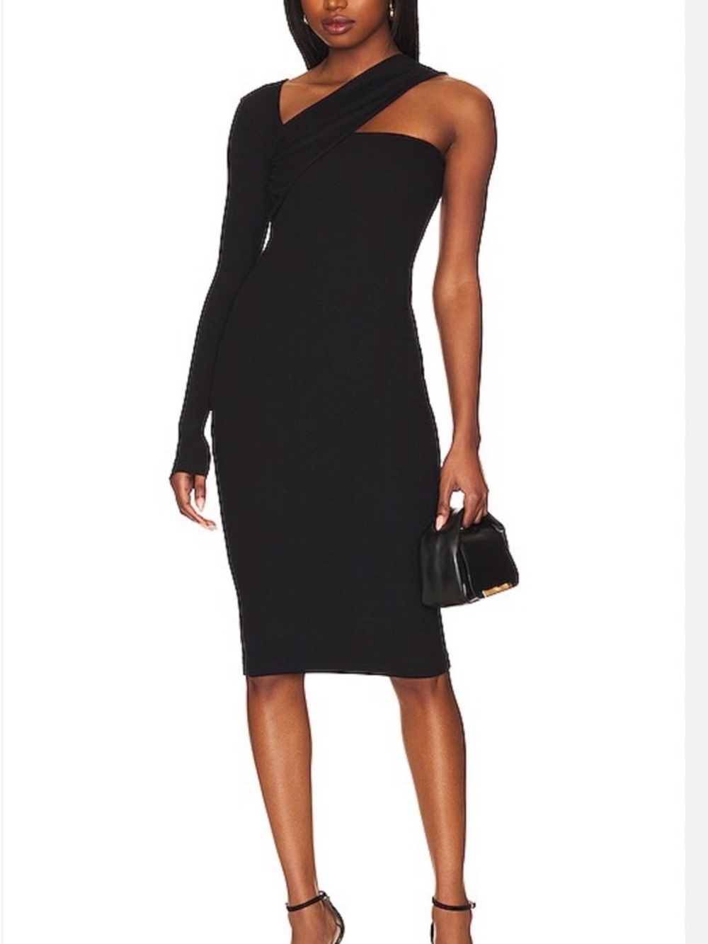 ALIX NYC Black Asymmetric One-Arm Midi Dress
